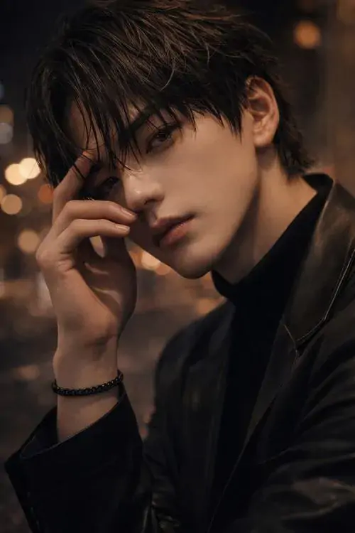 40 Chàng trai nghiêng người trong bóng tối, tay đặt gần môi và mái tóc dài che nửa mặt, ánh sáng nâu làm bức ảnh thêm sâu, tổng thể cực trầm, bí ẩn và đúng tinh thần con trai cá tính thích sự khác biệt