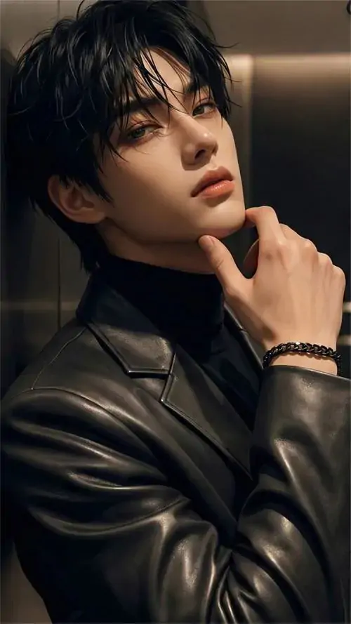 9 Khung hình mỹ nam khoác áo da đen, nghiêng mặt dưới ánh đèn mờ và đưa tay chạm cổ, góc nghiêng sắc nét làm đường nét gương mặt lên rõ, tổng thể lạnh mà sang, đúng kiểu nam tính cuốn hút đầy mê hoặc