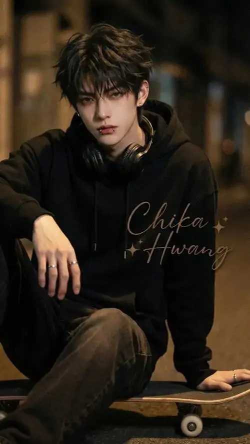 11 Ảnh anh chàng mặc đồ đen ngồi thấp bên ván trượt, mái tóc rối và ánh nhìn đăm khiến không khí bức hình trầm hẳn xuống, hợp chất phong cách bụi bặm, vừa ngầu vừa có nét cô độc của một con trai cá tính