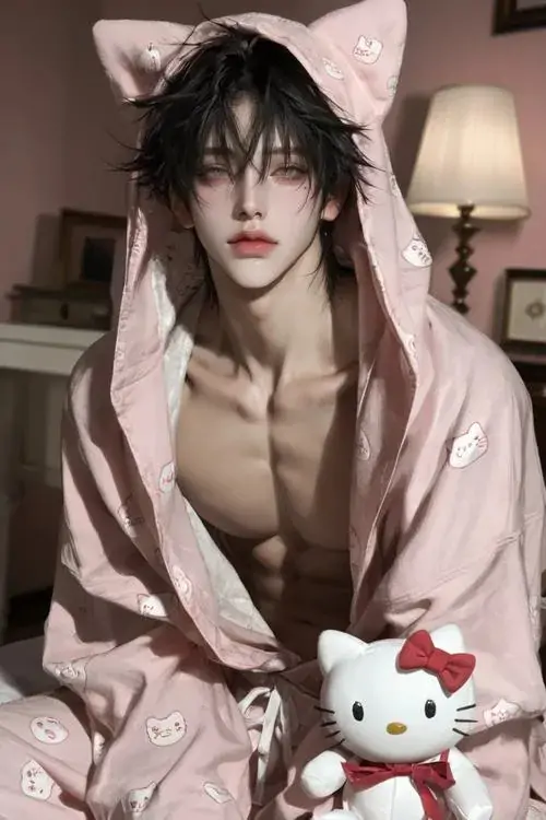 12 Chàng trai mặc áo lụa hồng ngồi trên giường ôm gối thú, tóc rối phủ mắt và biểu cảm mềm hơn thường thấy, tổng thể hơi cute nhưng không mất chất riêng, phù hợp kiểu ảnh nam thần lạnh lùng pha chút mơ màng