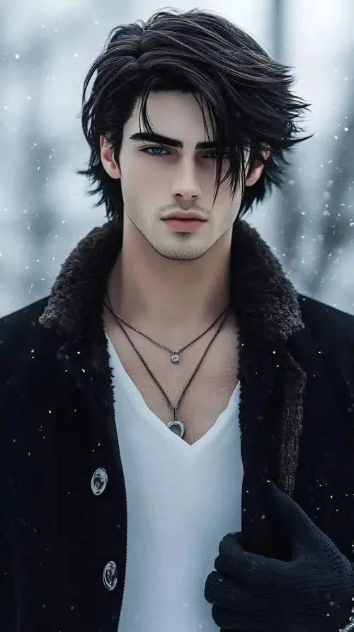 16 Nhân vật nam tóc dài bay nhẹ trong nền lạnh như sương, áo khoác tối và cổ áo trắng khiến tạo hình thêm nổi bật, đây là kiểu ảnh có chất điện ảnh rõ, lạnh lùng và phong trần theo hướng hư ảo hơn đời thực
