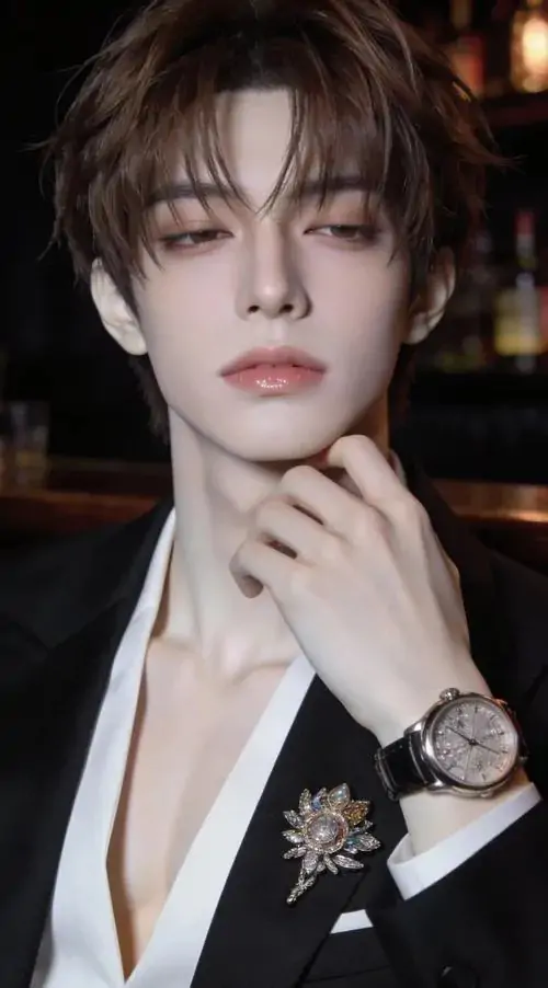 17 Góc ảnh thiếu gia tập trung vào chàng trai mặc đồ đen, cổ tay đeo đồng hồ kim loại và bàn tay đặt hờ dưới cằm, ánh sáng ấm làm gương mặt sáng hẳn lên, bức hình sang, điềm tĩnh và toát ra bản lĩnh rõ ràng