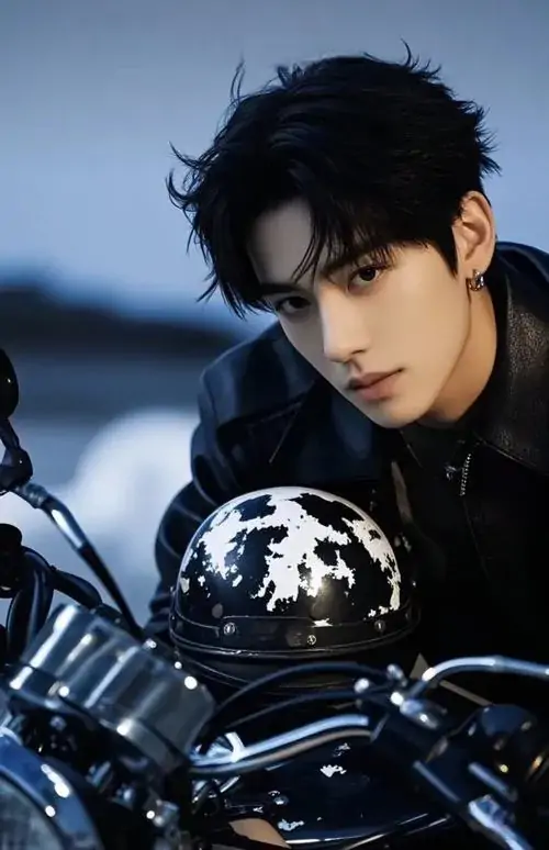 18 Chàng trai ngồi trên xe mô tô trong nền đêm xanh, đầu hơi cúi và mắt nhìn chéo đầy tập trung, bố cục này đẩy mạnh cảm giác mạnh mẽ, hợp với người mê ảnh trai đẹp ngầu có hơi hướng hành động và rất phong độ