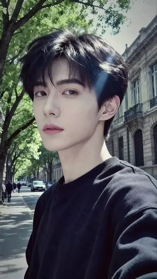 1 Ảnh trai mặc áo đen chụp selfie giữa con phố sáng ngày, gương mặt sáng và ánh mắt lạnh hướng nghiêng về máy, tổng thể gọn gàng, trẻ mà vẫn nam tính cuốn hút, rất hợp làm ảnh đại diện cho chàng trai phong trần