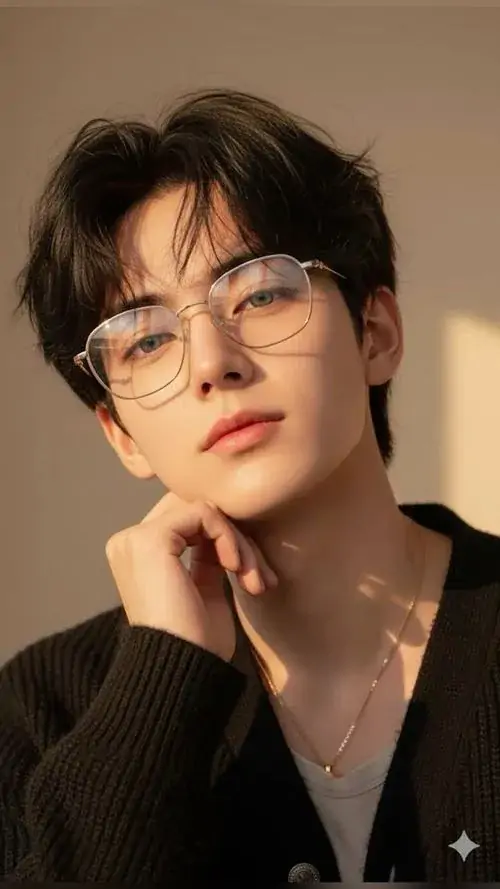 20 Anh chàng đeo kính gọng mảnh, mặc áo len tối và nghiêng đầu nhẹ dưới ánh đèn ấm, đường nét gương mặt mềm mà vẫn rõ, tạo cảm giác sạch sẽ, trí thức và nam tính cuốn hút theo kiểu hiền nhưng không hề nhạt