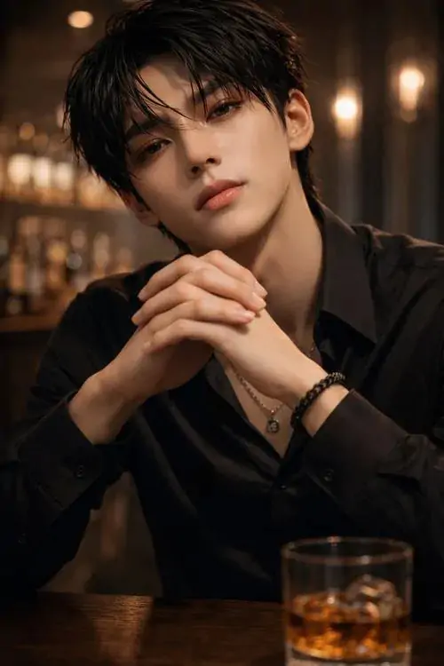 24 Anh chàng ngồi bên bàn gỗ trong quán tối, hai tay đan trước mặt và mắt nhìn chệch đi như đang suy nghĩ, bức ảnh đẩy mạnh cảm giác trưởng thành, có chiều sâu và rất hợp với phong cách nam tính cuốn hút