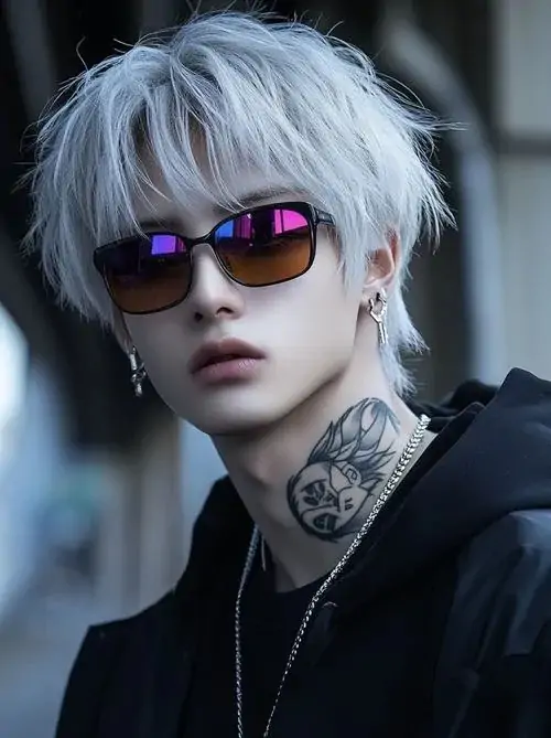 26 Chàng trai tóc bạc đeo kính màu, mặc áo tối cao cổ để lộ hình xăm ở cổ, tổng thể mang nét nổi loạn rõ ràng, bức ảnh thiên về cá tính thị giác, vừa lạ vừa sexy theo kiểu mạnh tay và không ngại khác biệt