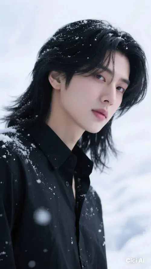 27 Góc chụp soái ca bắt cận khuôn mặt nam giới giữa nền sáng lạnh như có tuyết, tóc dài đen đổ xuống vai và ánh nhìn xa xăm, bức hình mềm nhưng vẫn giữ chất ngầu, hợp gu người thích nét đẹp buồn sâu