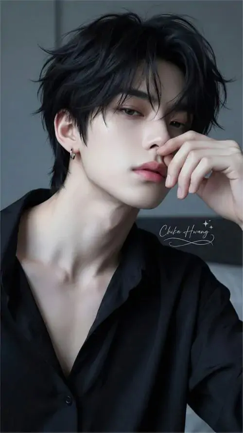 28 Anh chàng mặc sơ mi đen mở cổ, nghiêng đầu và đưa tay gần môi trong cận cảnh, bờ cổ và xương quai xanh lên rõ khiến tổng thể thêm hấp dẫn, kiểu ảnh này hợp với chất lạnh lùng trưởng thành và hơi bí ẩn