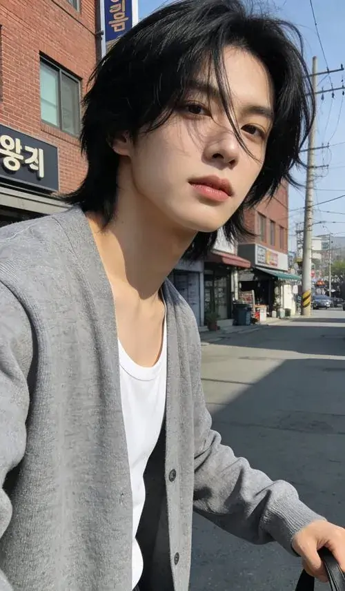 2 Chàng trai tóc dài nhẹ khoác áo xám ngồi ngoài đường, tay đặt gần xe tạo cảm giác thư thả, nét mặt đẹp và hơi xa cách, khung hình thiên về ảnh chân dung nam có chất đời thường nhưng vẫn giữ vẻ lạnh lùng hấp dẫn