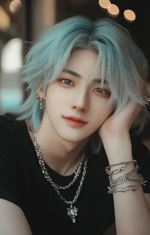 30 Cậu trai tóc bạc xanh ngồi tựa tay, đeo nhiều vòng cổ và nhìn thẳng vào máy với nét mặt bình tĩnh, bức ảnh sáng mềm hơn nhưng vẫn giữ độ ngầu riêng, hợp kiểu ảnh chân dung nam vừa nổi bật vừa khá dễ mến