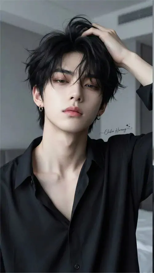 35 Khoảnh khắc trai đẹp trong phòng sáng ghi lại chàng trai mặc sơ mi đen, tay vuốt tóc và nghiêng đầu vừa đủ, đường cổ cùng xương quai xanh nổi bật tự nhiên, tổng thể lạnh mà mềm, đúng kiểu nam tính cuốn hút