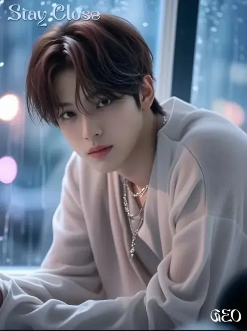 36 Cậu trai mặc áo sáng ngồi tựa bàn, thân người hơi nghiêng về trước và mắt nhìn thẳng máy, ánh sáng mờ phía sau giúp gương mặt nổi hơn, tạo cảm giác hiền nhưng vẫn quyến rũ theo kiểu mỹ nam trầm lặng