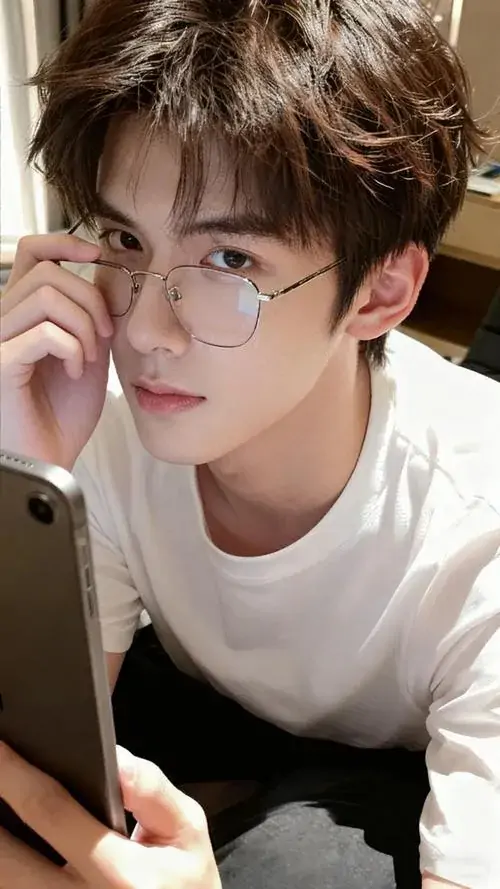4 Anh chàng đeo kính mặc áo trắng cúi người sát máy, ánh sáng ấm làm làn da nổi bật hơn, nụ cười nhẹ tạo cảm giác dễ thương nhưng vẫn có sức hút của ảnh con trai cá tính, hợp kiểu ảnh gần gũi mà phong độ