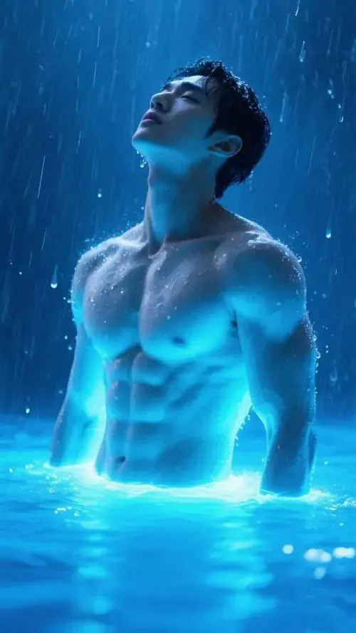 5 Khoảnh khắc nam thần bước ra từ làn nước xanh phát sáng, bờ vai và cơ bắp săn chắc hiện lên rõ nét, toàn ảnh thiên về cảm giác siêu thực, mạnh mẽ và quyến rũ, như một phiên bản nam tính trưởng thành được đẩy cao