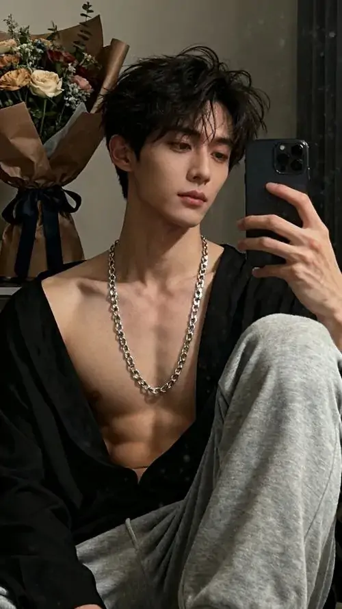 7 Góc chụp soái ca qua gương bắt trọn chàng trai mở cúc áo, dây chuyền mảnh và bờ ngực lộ vừa đủ, biểu cảm trầm khiến tổng thể sexy mà không phô, rất ra dáng trai đẹp mạnh mẽ trong không gian phòng ngủ tối