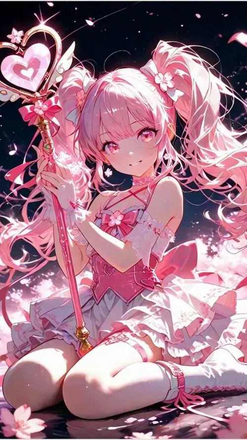 9 Ảnh hoạt hình Nhật bé gái tóc hồng ngồi co chân giữa nền sao đêm, váy bèo và biểu cảm ngại ngùng khiến tổng thể cực cute, thích hợp cho hình nền anime mềm mại có má hồng và ánh nhìn ngọt như kẹo bông