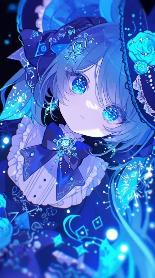 10 Cô gái tóc xanh lam trong thế giới nước phát sáng nhìn nghiêng đầy mơ màng, lớp màu xanh tím phủ kín khung hình tạo cảm giác chữa lành, rất hợp kiểu anime cute pastel với phông màu pastel và ánh sáng nhẹ