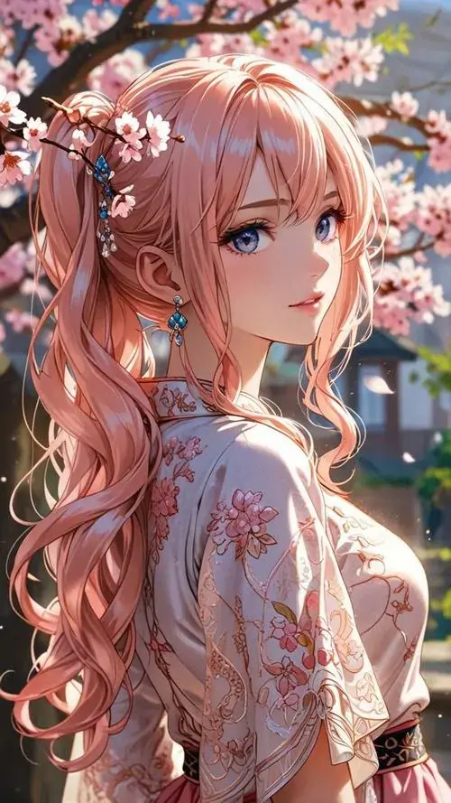 11 Hình anime cute thiếu nữ tóc nâu xoăn đứng giữa hoa anh đào, váy ren sáng và thần thái dịu dàng làm bức hình trông đẹp như tranh treo, phù hợp người thích ảnh nền hoạt hình có mái tóc là điểm nhấn nổi bật