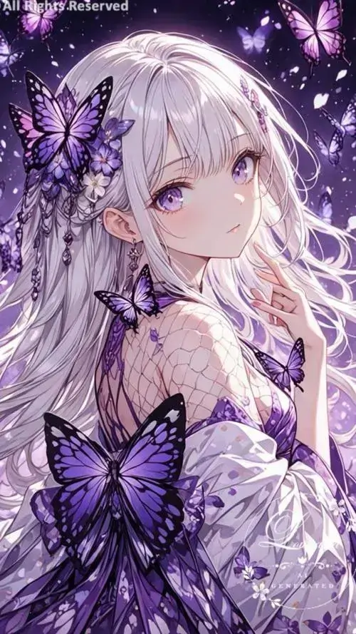 12 Thiếu nữ tóc trắng mặc váy tím ôm bó hoa tối màu, nền sao tím phía sau giúp nhân vật thêm lung linh, bức ảnh hoạt họa mang vẻ dễ thương pha chút bí ẩn và tôn rõ đôi mắt là phần tạo thần thái