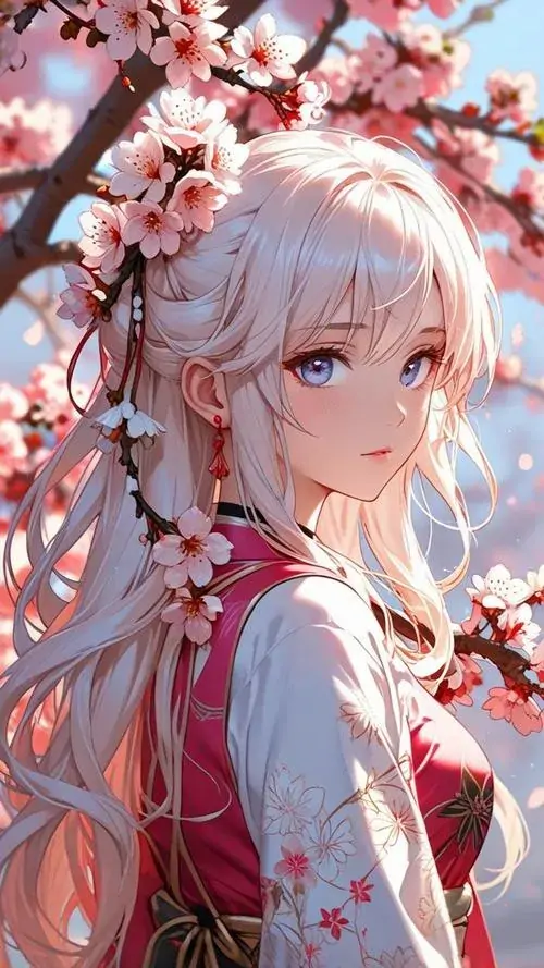 13 Ảnh anime dễ thương cô gái tóc bạc nghiêng đầu giữa cành đào nở, áo trắng phối đỏ và ánh nhìn mềm khiến khung hình rất trong trẻo, chuẩn kiểu hình nền anime dễ thương với sắc hoa làm nền sinh động nhẹ nhàng