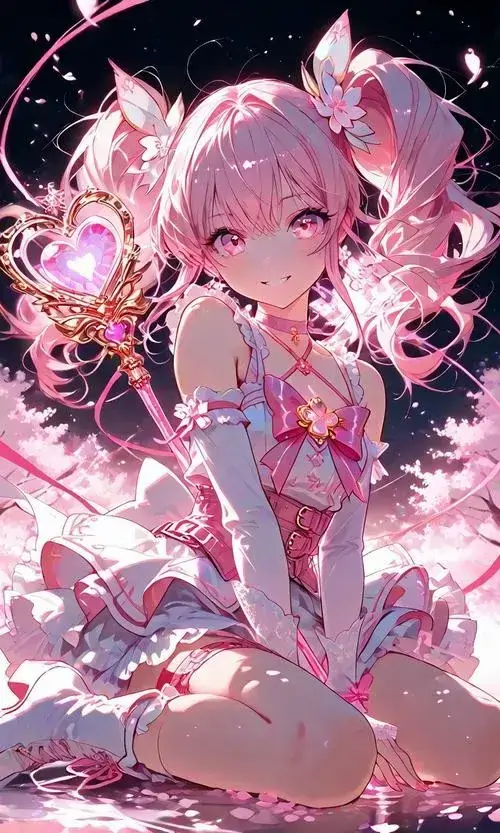 14 Nhân vật tóc hồng ngồi giữa vòng sáng trái tim và cánh hoa, váy xếp tầng cùng tư thế khép chân làm tổng thể đáng yêu hơn hẳn, hợp không gian ngọt ngào và biểu cảm gợi cảm giác muốn che chở rất rõ