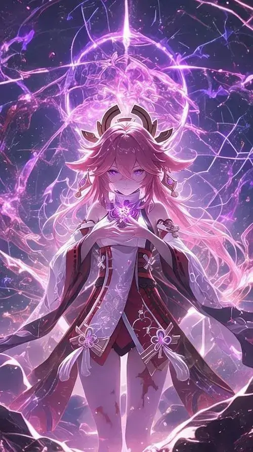 15 Hình nền hoạt hình pháp sư nữ đứng trong vòng phép tím rực, áo choàng tối màu bay nhẹ và dáng đứng thanh thoát tạo vẻ đẹp huyền ảo, vẫn giữ cảm giác gần gũi nhờ nét vẽ bo tròn giàu cảm xúc