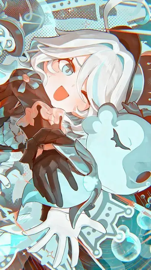 16 Cô gái tóc bạc nằm nổi trên nền nước màu ngọc, váy nâu nhỏ và những gợn sóng bao quanh khiến bức họa trông mát mắt, hợp kiểu hình nền manga dịu mắt với phối màu ngọt mà không chói