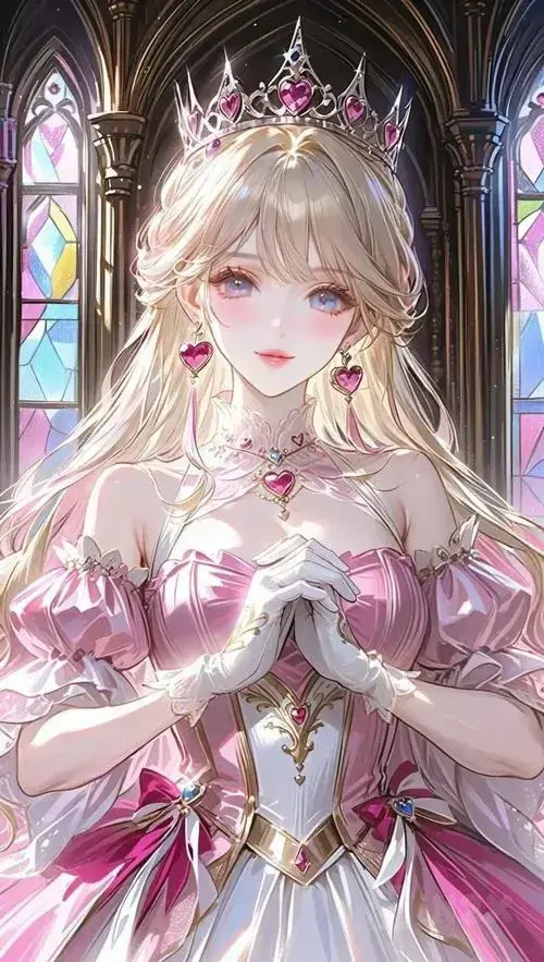 17 Ảnh nền hoạt họa công chúa tóc vàng bạch đứng trong khung cửa kính hoa văn, váy trắng hồng nhiều lớp và ánh sáng dịu làm khung hình rất đẹp, gợi cảm giác muốn che chở như một giấc mơ cổ tích