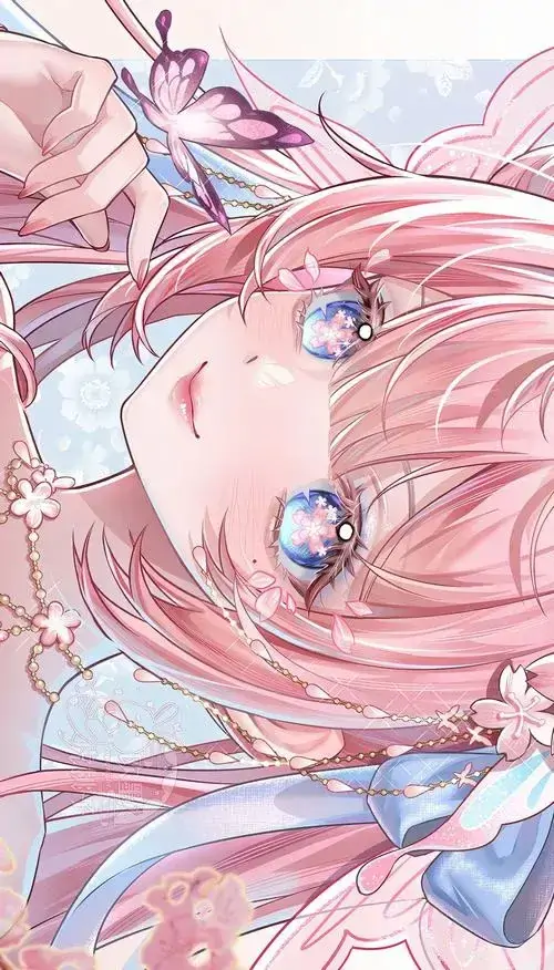 18 Gương mặt cô gái tóc hồng hiện cận cảnh theo góc nằm ngang, đôi mắt xanh mở to và lọn tóc bay mềm khiến ảnh nền anime dễ thương trở nên gần gũi hơn, đặc biệt hợp người thích ảnh đại diện anime nữ tính