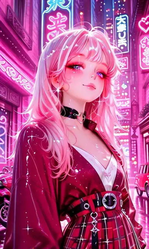 1 Ảnh anime cô gái tóc hồng đứng giữa nền đèn neon thành phố, váy đỏ ôm dáng và ánh nhìn thẳng tạo cảm giác vừa cute vừa cuốn, rất hợp làm ảnh nền anime dễ thương với tông hồng phấn và không khí ngọt ngào
