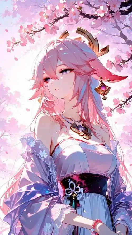 19 Hình ảnh hoạt hình Nhật thiếu nữ tóc hồng tím mặc yukata đứng giữa sắc hoa rơi, nét cười nhẹ và nền sáng pastel làm bức hình toát lên vẻ dịu dàng, thích hợp làm ảnh anime ngọt ngào cho màn hình cá nhân