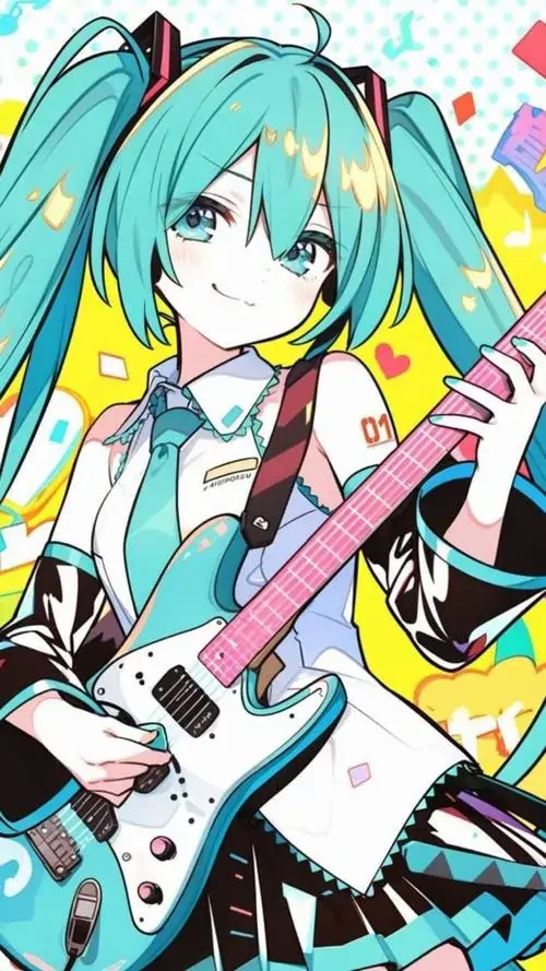 20 Cô gái tóc xanh ngọc cầm đàn điện trong bố cục đầy màu sắc, tạo hình trẻ trung và ánh mắt nghịch ngợm khiến bức hoạt họa vừa cute vừa nổi bật, hợp người thích hình anime xinh xắn có cá tính tươi vui