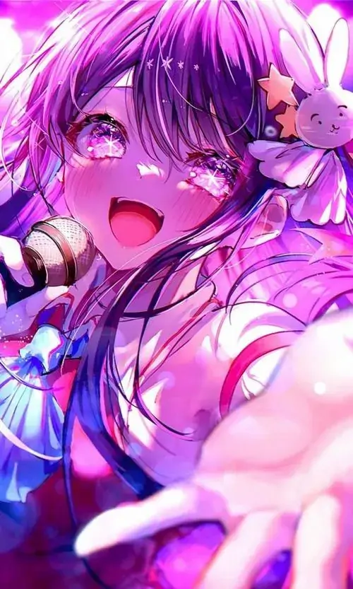 21 Ảnh anime gương mặt cô gái tóc tím hiện thật gần với đôi mắt sáng rực và bàn tay vươn ra phía trước, sắc hồng tím phủ kín khung hình tạo cảm giác lung linh, hợp làm ảnh nền anime đáng yêu đầy năng lượng