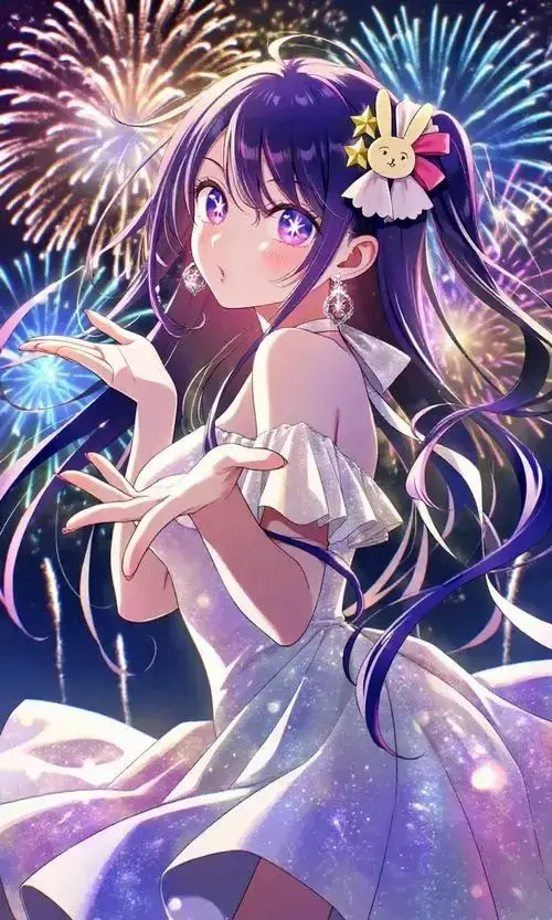 22 Thiếu nữ mặc váy tím ngồi giữa pháo hoa và ánh sáng đêm, mái tóc dài bay mềm khiến khung hình đẹp và giàu cảm xúc, gợi đúng tinh thần ảnh hoạt hình Nhật có nền trời pastel và bầu không khí lễ hội