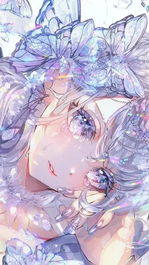 23 Hình nền anime cận cảnh gương mặt cô gái mắt xanh ngả nghiêng giữa cụm hoa xanh, làn da sáng và nét vẽ mềm tạo bức ảnh rất dễ thương, hợp kiểu anime soft pastel cho người mê vẻ mộng mơ và nhẹ mắt