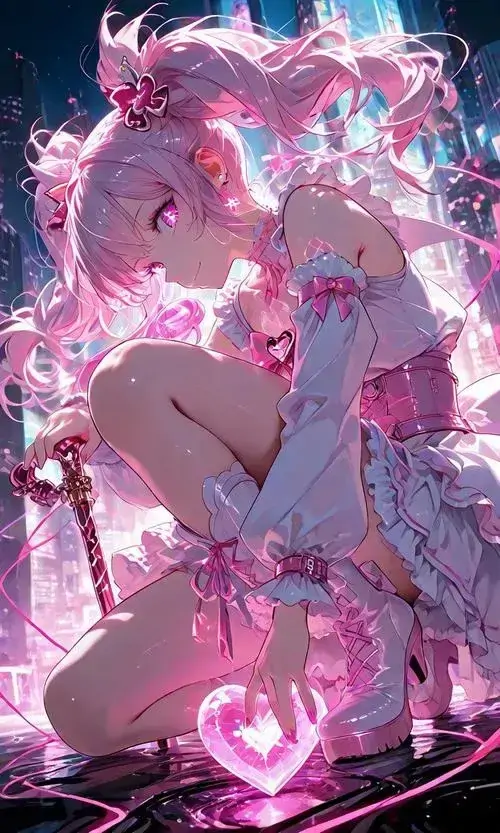 24 Cô gái tóc hồng ngồi ôm gối trái tim giữa nền sao lấp lánh, dáng ngồi co chân cùng phụ kiện nhỏ làm ảnh trông xinh và playful, rất hợp chủ đề ảnh đôi hoạt hình hoặc trang trí hồ sơ cá nhân đáng yêu