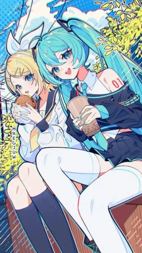 25 Hình ảnh anime hai cô gái tóc xanh tươi ngồi cạnh nhau trong bố cục nhiều màu sáng, vẻ mặt vui nhộn và cách đặt tay chân tự nhiên làm ảnh đậm chất chibi art, phù hợp người thích sự thân thiện và vui mắt