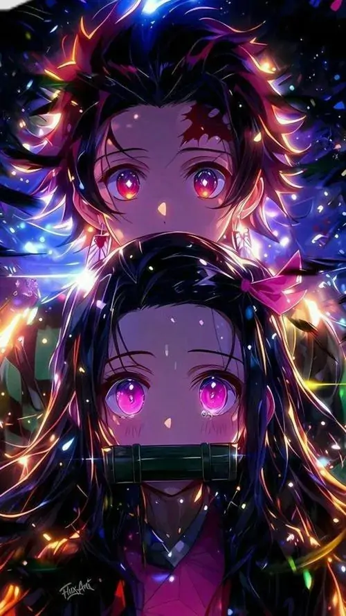 26 Nhân vật có đôi mắt tím rực và mái tóc tối xuất hiện giữa nền ánh sáng vũ trụ, biểu cảm mạnh nhưng vẫn giữ nét cute riêng, một ảnh nền hoạt hình Nhật giàu tương phản với màu nền định hình cảm xúc ảnh