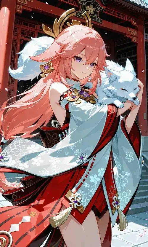 28 Thiếu nữ tóc cam hồng trong áo choàng xanh đứng trước nền đỏ gỗ, tư thế nghiêng và ánh nhìn nhẹ tạo cảm giác cổ trang đáng yêu, phù hợp kiểu ảnh nhân vật dễ thương có phụ kiện là phần nhấn phong cách