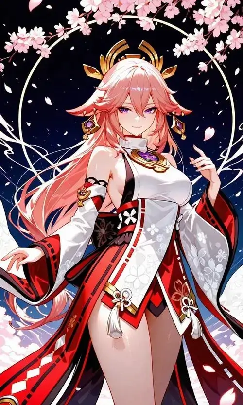 2 Thiếu nữ hoạt họa mặc trang phục đỏ trắng tung bay trong khung trời đêm lấp lánh, mái tóc hồng mềm và nụ cười rạng rỡ làm tổng thể đẹp mắt, gợi đúng chất nhân vật anime nổi bật giữa ánh sao mơ màng