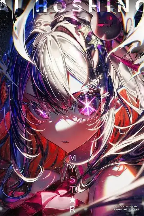 29 Ảnh hoạt hình Nhật cận mặt nhân vật tóc sáng xen đỏ đen với đôi mắt phát quang, bố cục tối và hiệu ứng mạnh làm bức tranh rất cuốn, vẫn hợp gu ảnh anime dễ thương nhờ gương mặt bo tròn và ánh nhìn sâu