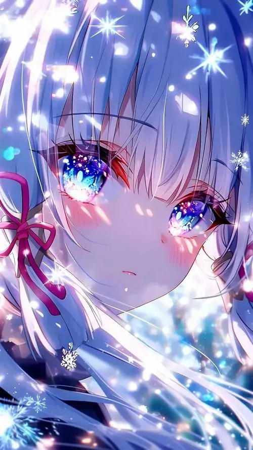 30 Gương mặt cô gái tóc bạc xanh hiện lớn dưới lớp ánh sáng xanh tím, đôi mắt ngấn nước và nền sao mờ khiến hình anime xinh xắn này mang cảm giác dịu dàng, hợp cho người thích không gian mềm mắt về đêm