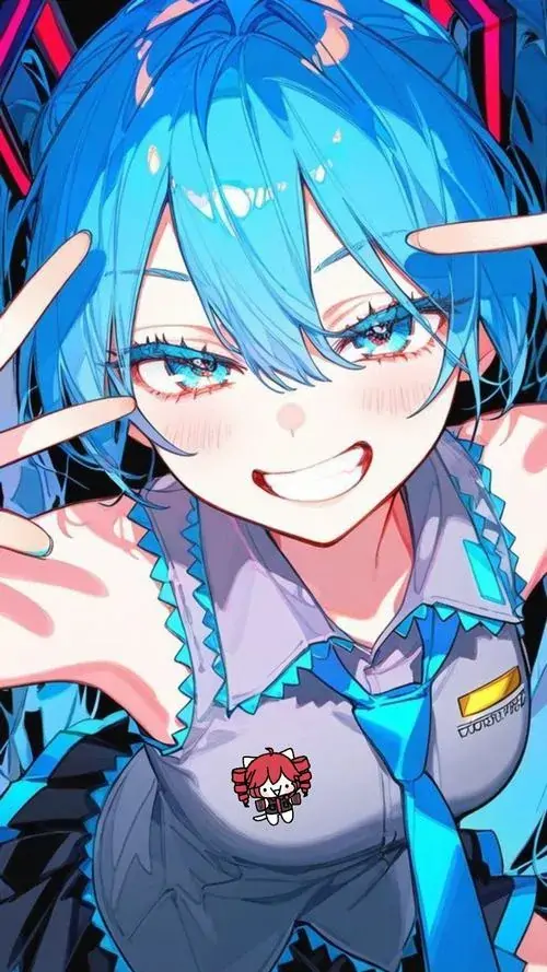 31 Hình anime cute cô gái tóc xanh ngọc nhìn nghiêng với nụ cười ranh mãnh, trang phục xanh lam và nền đỏ sẫm làm tổng thể nổi bật, đây là ảnh nền anime đẹp theo kiểu tươi sáng và có cá tính trẻ trung