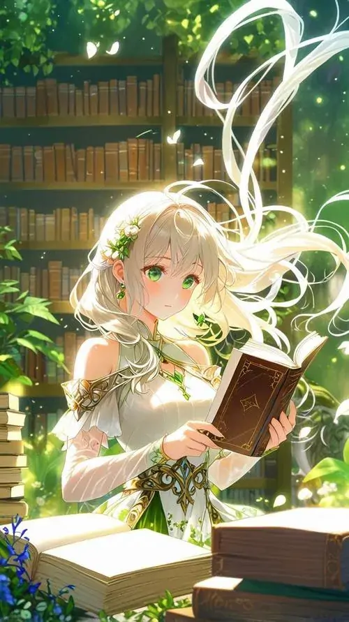 34 Cô bé tóc vàng nhạt ngồi đọc sách trong căn phòng nắng xuyên, những vệt sáng xanh lá và cửa sổ phía sau tạo cảm giác bình yên, đúng kiểu ảnh anime ngọt ngào có bối cảnh bàn học rất thư giãn