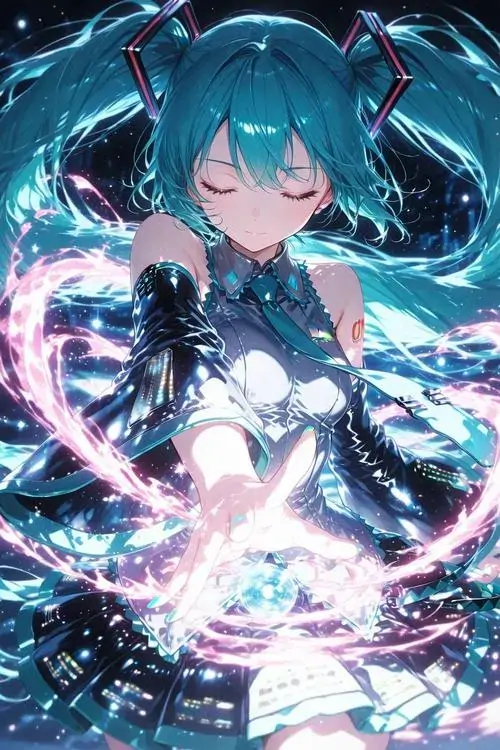 35 Hình nền hoạt hình cô gái tóc xanh đen nổi trên làn nước phát sáng, váy tối và quầng sáng quanh tay làm bức hình trông đẹp huyền ảo, phù hợp người thích nhân vật anime nổi bật trong không khí đêm biển