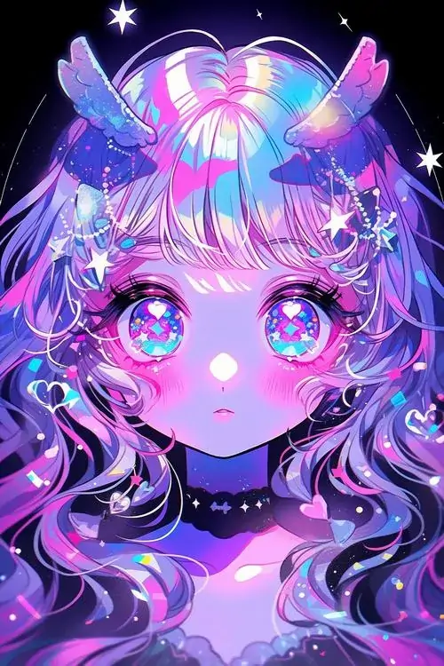 36 Gương mặt bé gái tóc tím xanh chiếm trọn khung hình với mắt to lấp lánh, biểu cảm ngây thơ và màu sắc rực làm ảnh cực dễ thương, rất hợp kiểu kawaii dùng làm ảnh đại diện hoặc nền điện thoại nhỏ xinh