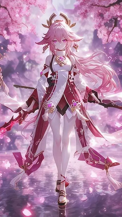 38 Nhân vật mặc trang phục trắng hồng đứng giữa cánh hoa bay, thân hình thanh thoát và nền sáng lãng mạn làm tổng thể rất đẹp, một ảnh hoạt họa hợp với người mê phong cách cặp đôi và sắc hoa ngọt ngào