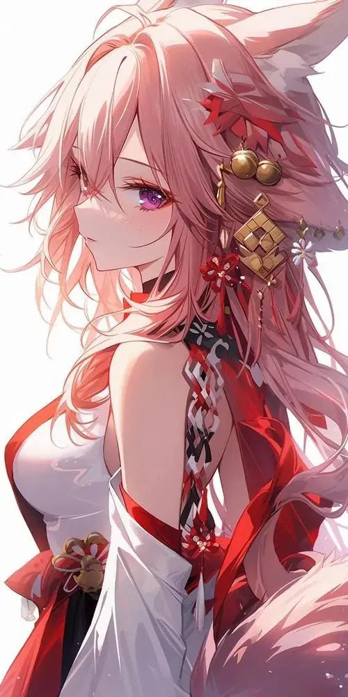 39 Hình ảnh hoạt hình Nhật thiếu nữ tóc hồng nhạt đeo hoa bên tai, áo đỏ trắng và nụ cười nghiêng tạo cảm giác gần gũi, đây là ảnh nền anime dễ thương theo kiểu tối giản nhưng vẫn giữ nét xinh và duyên