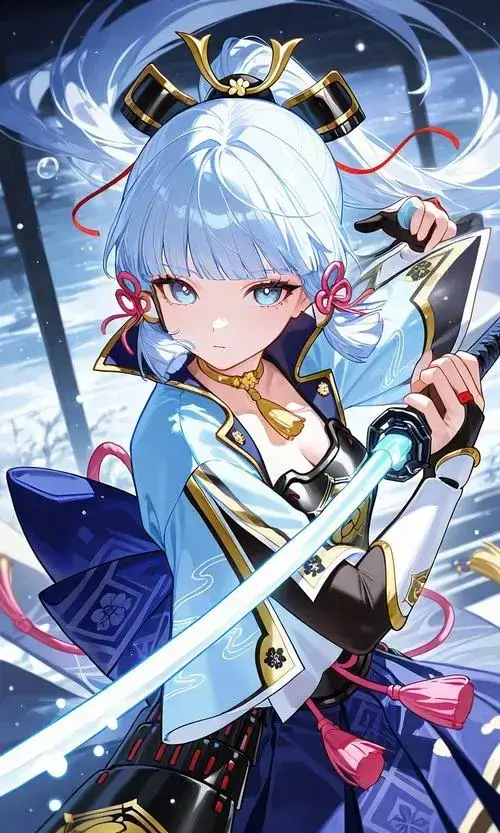 6 Nữ kiếm sĩ tóc xanh nhạt cầm kiếm giữa nền trời lạnh, trang phục xanh trắng sắc nét nhưng gương mặt vẫn mềm, hợp kiểu hình nền anime đáng yêu pha chút mạnh mẽ nhờ biểu cảm trong trẻo và phối màu sáng màu